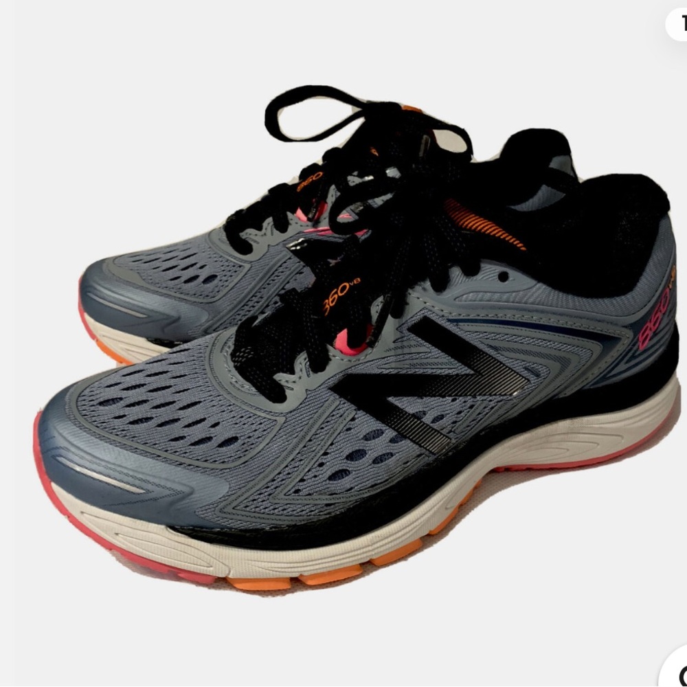 New Balance Gray Black Athletic Running Shoes with Pink & Orange Accents